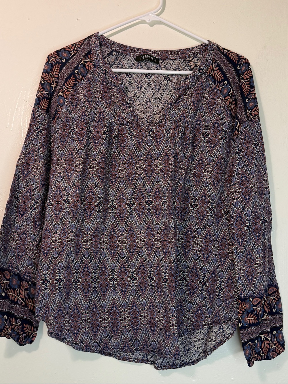 Timing Boho Paisley Medallion V Neck Blouse Balloon Sleeve Peasant Top